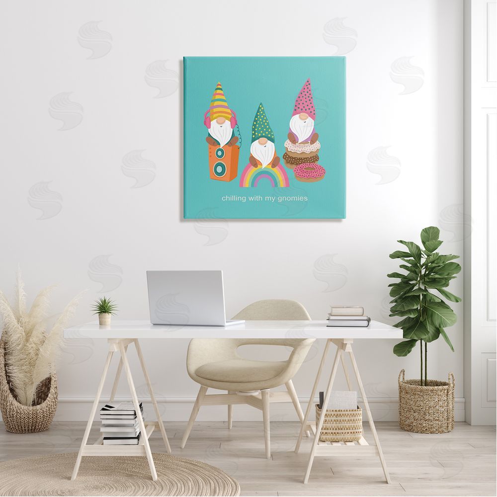 Lisa Perry Whitebutton Whimsical Chilling With Gnomies Phrase Patterned Teal Design Canvas Wall Art in Room