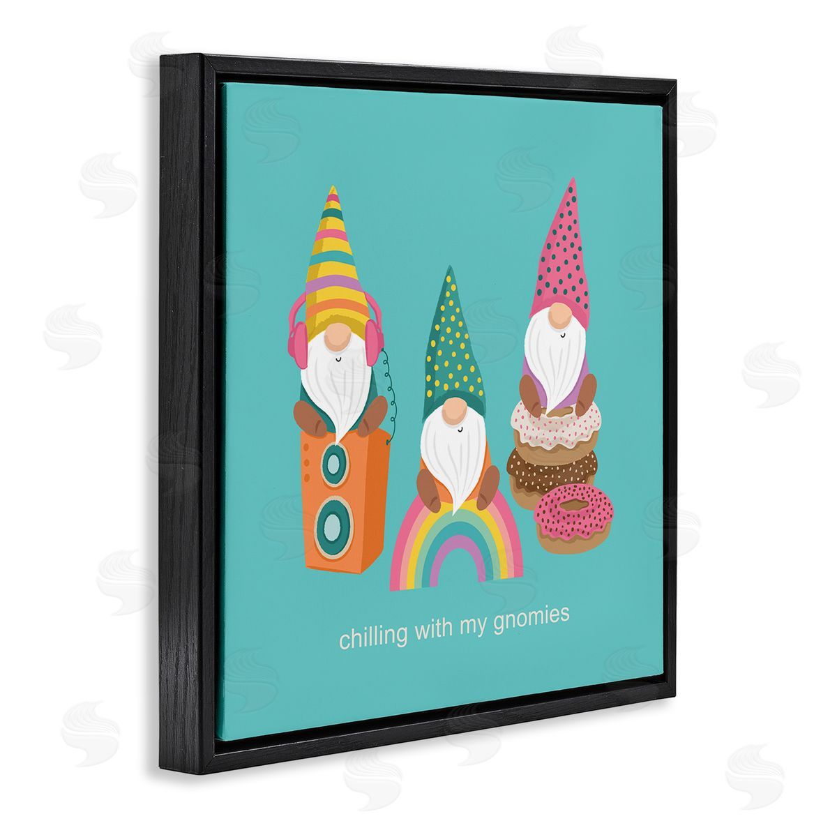Lisa Perry Whitebutton Whimsical Chilling With Gnomies Phrase Patterned Teal Design Black Floating Frame Canvas Wall Art Print