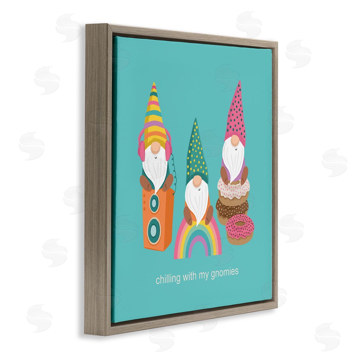 Lisa Perry Whitebutton Whimsical Chilling With Gnomies Phrase Patterned Teal Design Brown Floating Frame Canvas Wall Art Print