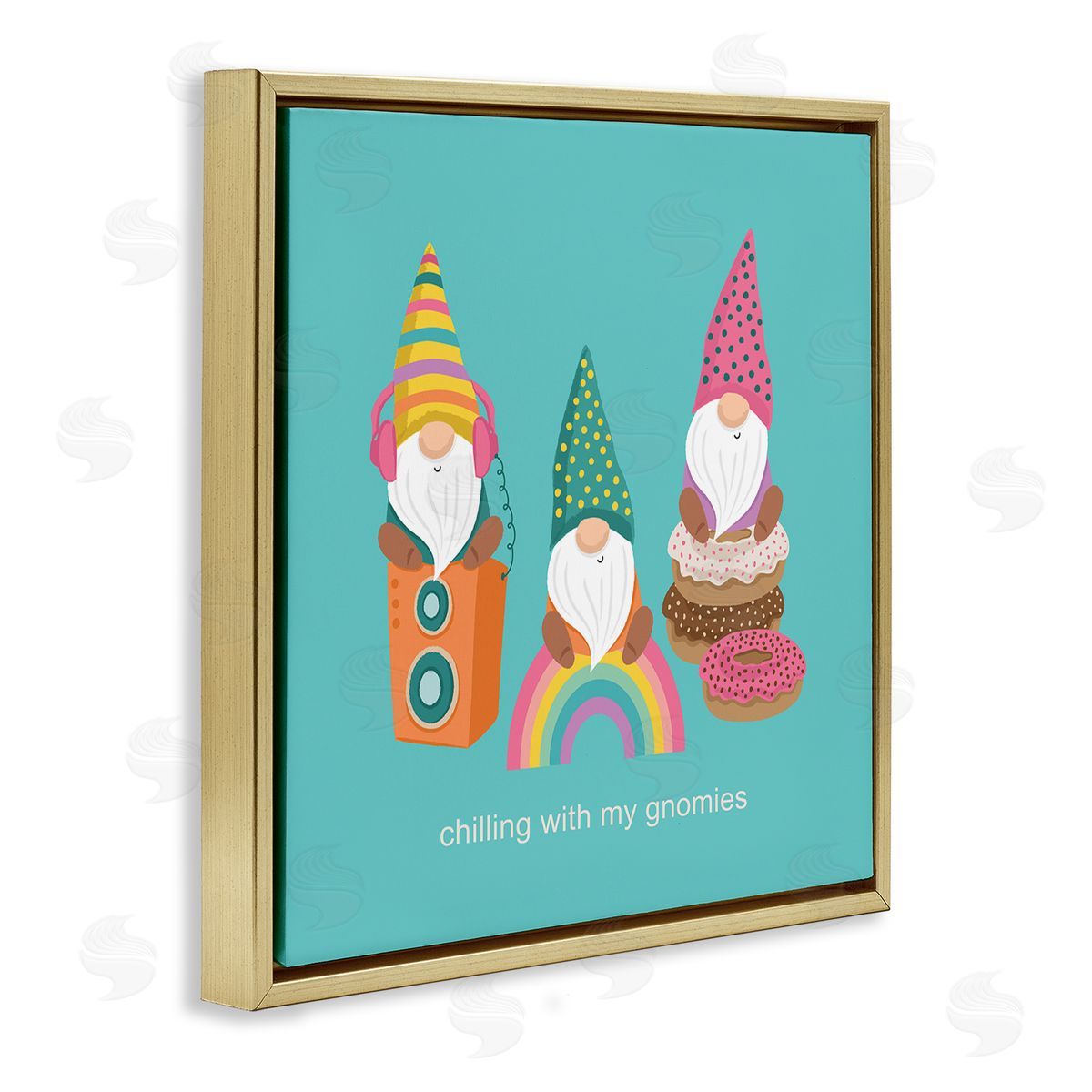 Lisa Perry Whitebutton Whimsical Chilling With Gnomies Phrase Patterned Teal Design Gold Floating Frame Canvas Wall Art Print