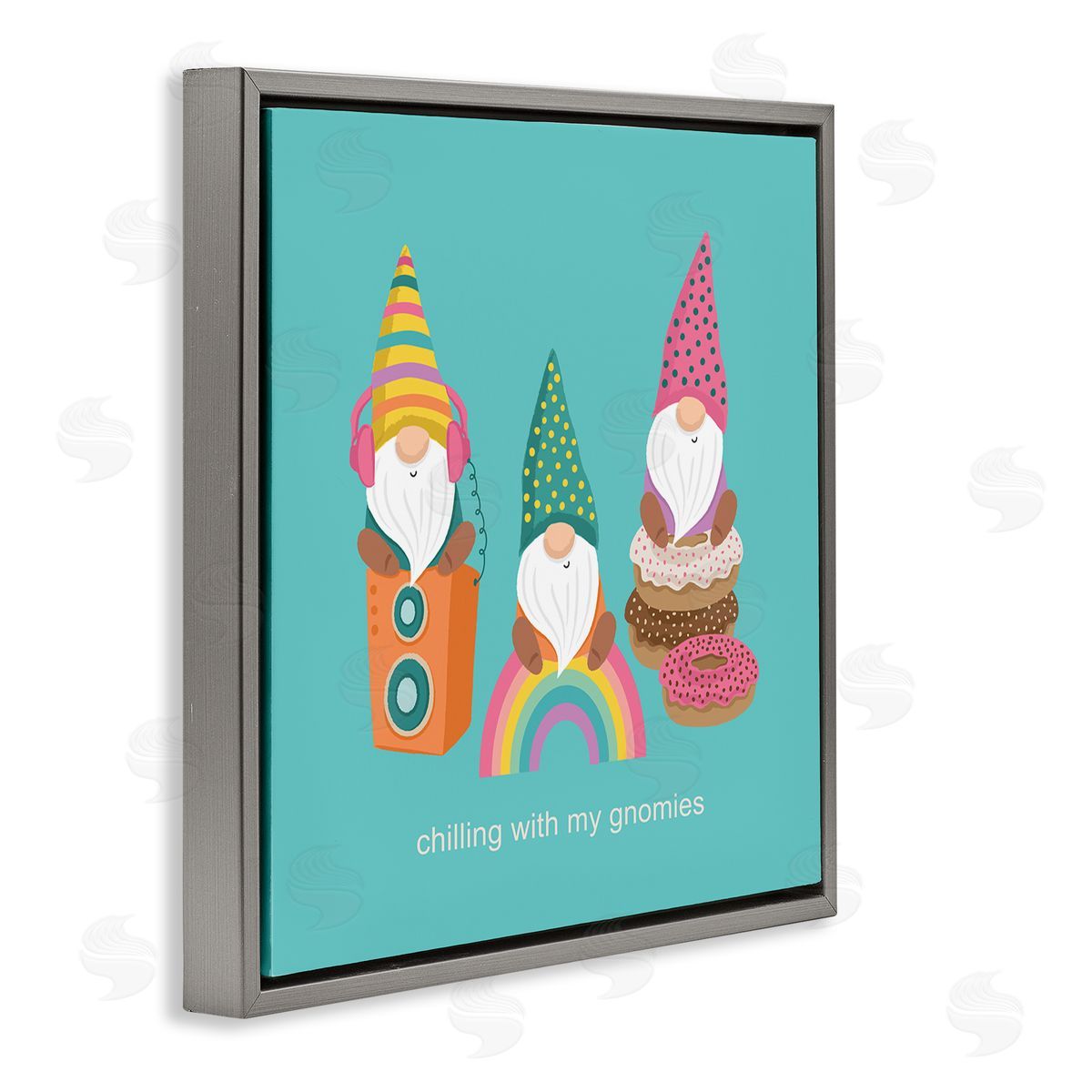 Lisa Perry Whitebutton Whimsical Chilling With Gnomies Phrase Patterned Teal Design Gray Floating Frame Canvas Wall Art Print
