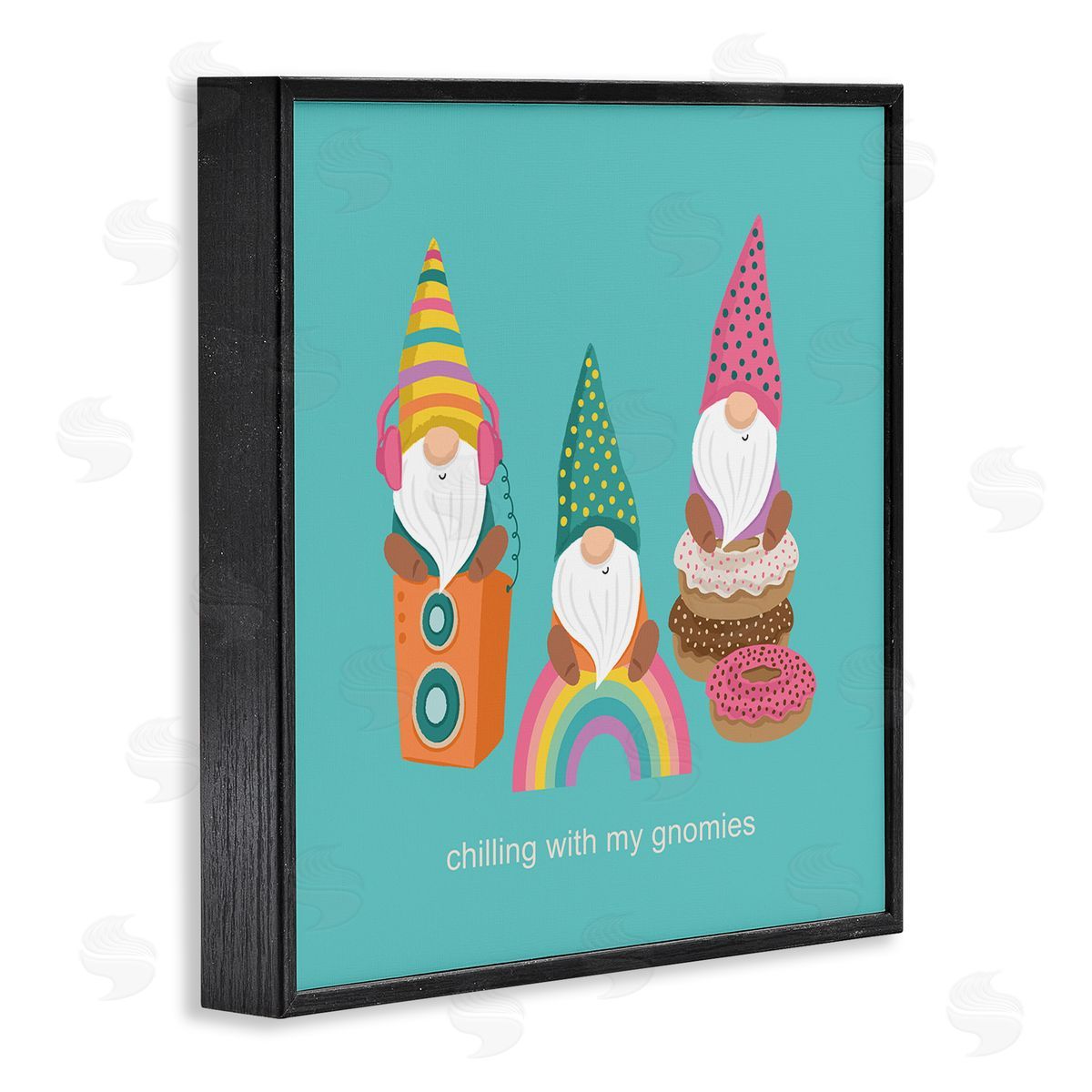 Lisa Perry Whitebutton Whimsical Chilling With Gnomies Phrase Patterned Teal Design Black Framed Glicee Wall Art Print