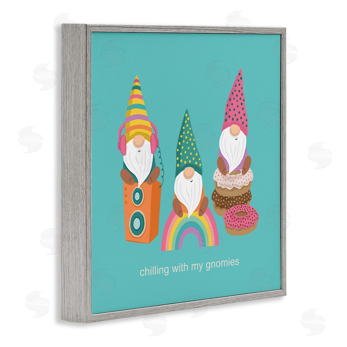 Lisa Perry Whitebutton Whimsical Chilling With Gnomies Phrase Patterned Teal Design Gray Framed Glicee Wall Art Print