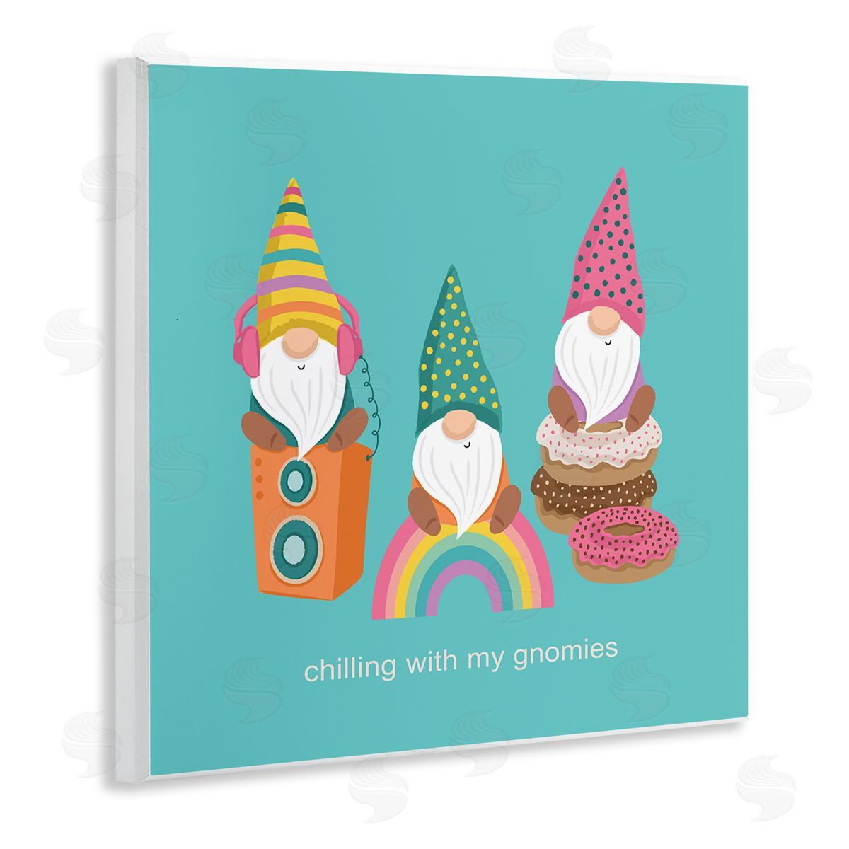Lisa Perry Whitebutton Whimsical Chilling With Gnomies Phrase Patterned Teal Design Wooden Wall Plaque Art Print