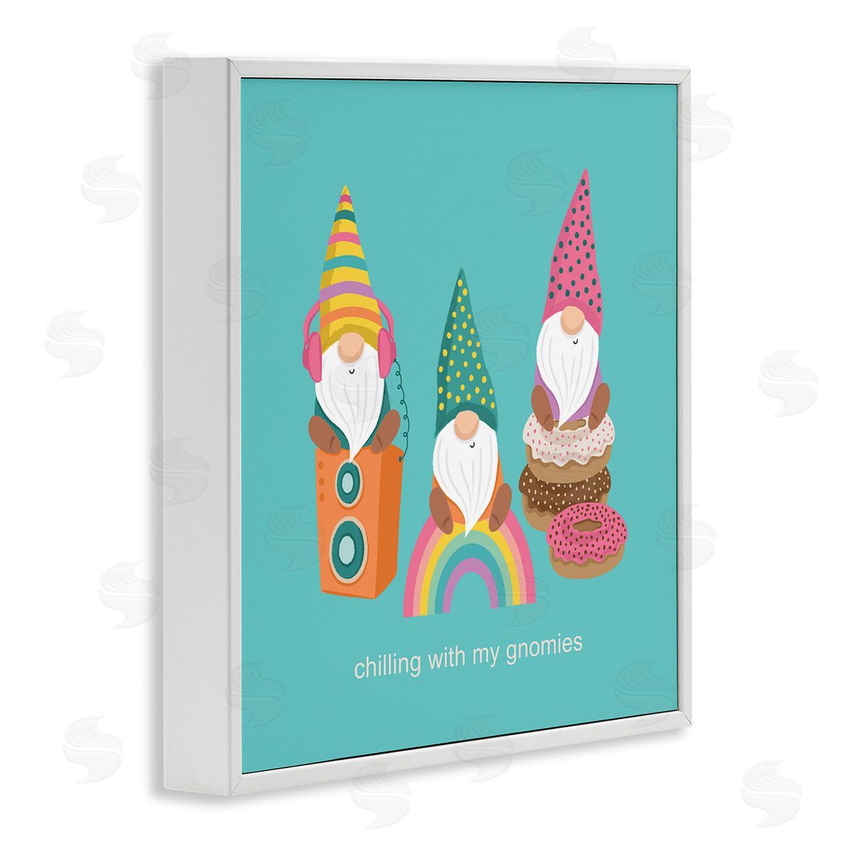 Lisa Perry Whitebutton Whimsical Chilling With Gnomies Phrase Patterned Teal Design White Framed Glicee Wall Art Print