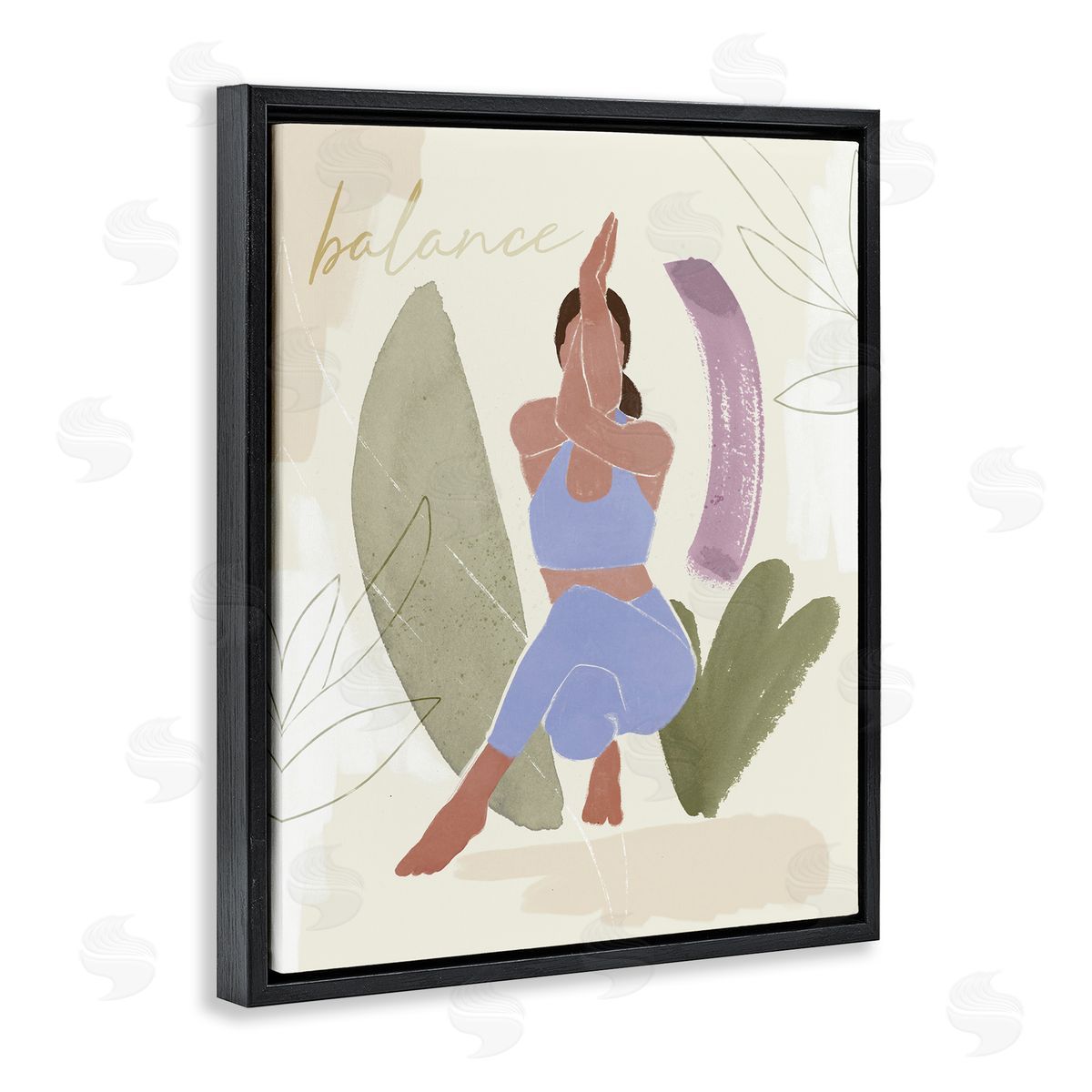Victoria Barnes Balance Typography Fitness Yoga Pose Botanical  Black Floating Frame Canvas Wall Art Print