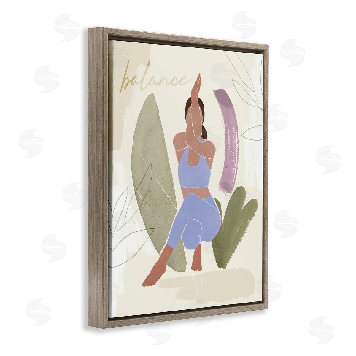 Victoria Barnes Balance Typography Fitness Yoga Pose Botanical  Brown Floating Frame Canvas Wall Art Print