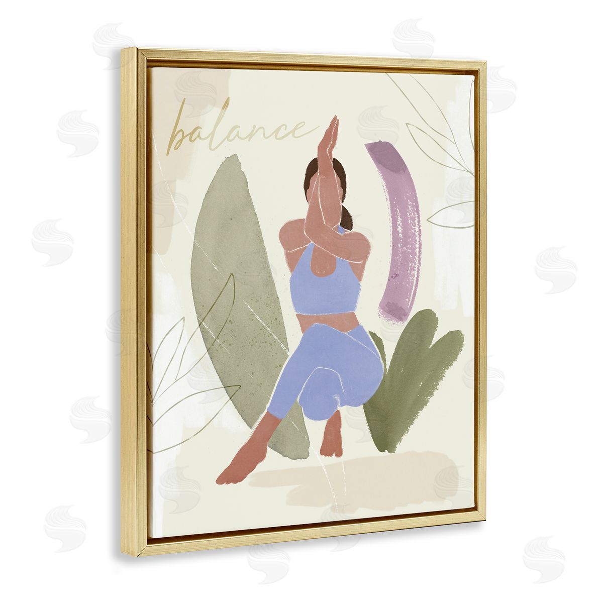 Victoria Barnes Balance Typography Fitness Yoga Pose Botanical  Gold Floating Frame Canvas Wall Art Print