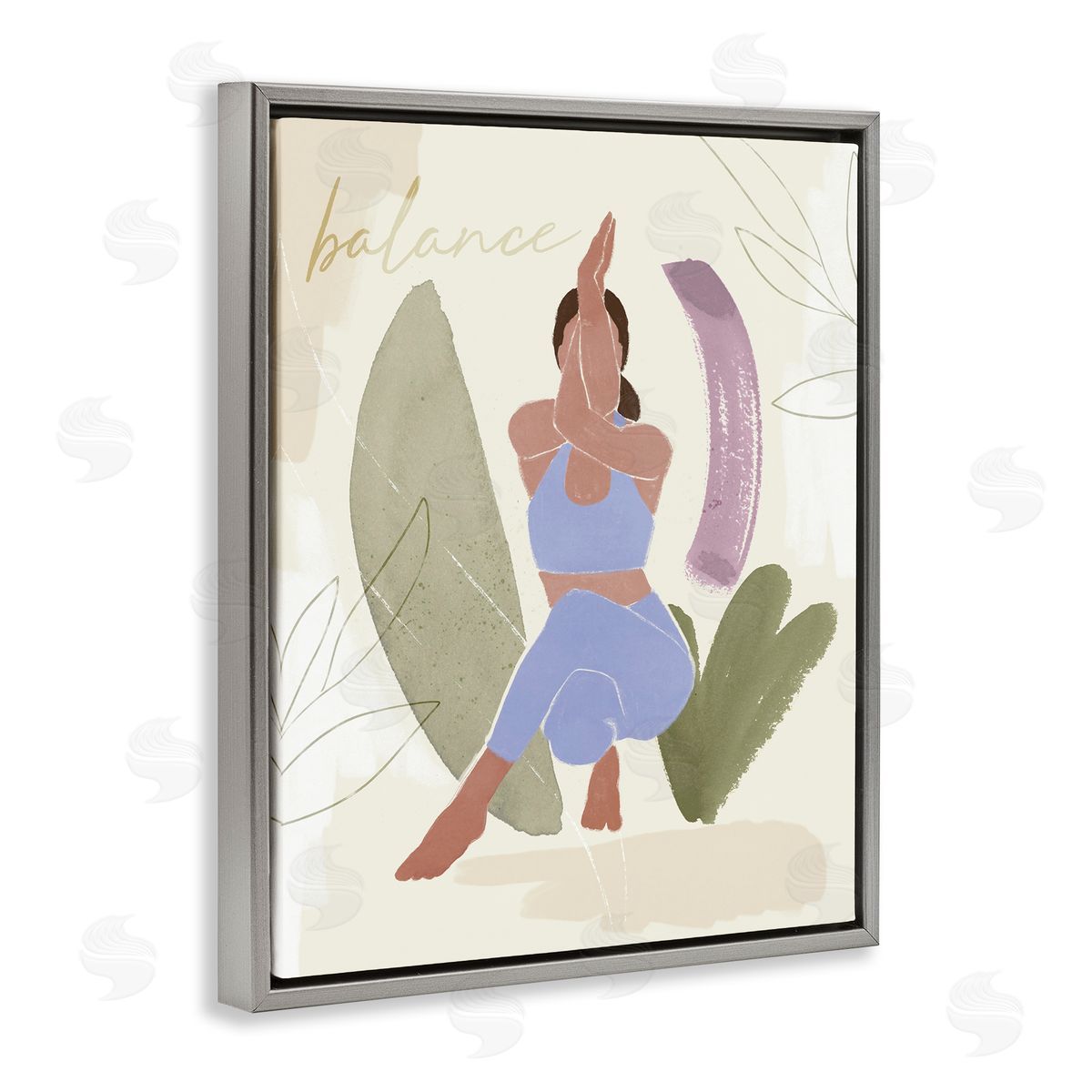 Victoria Barnes Balance Typography Fitness Yoga Pose Botanical  Gray Floating Frame Canvas Wall Art Print