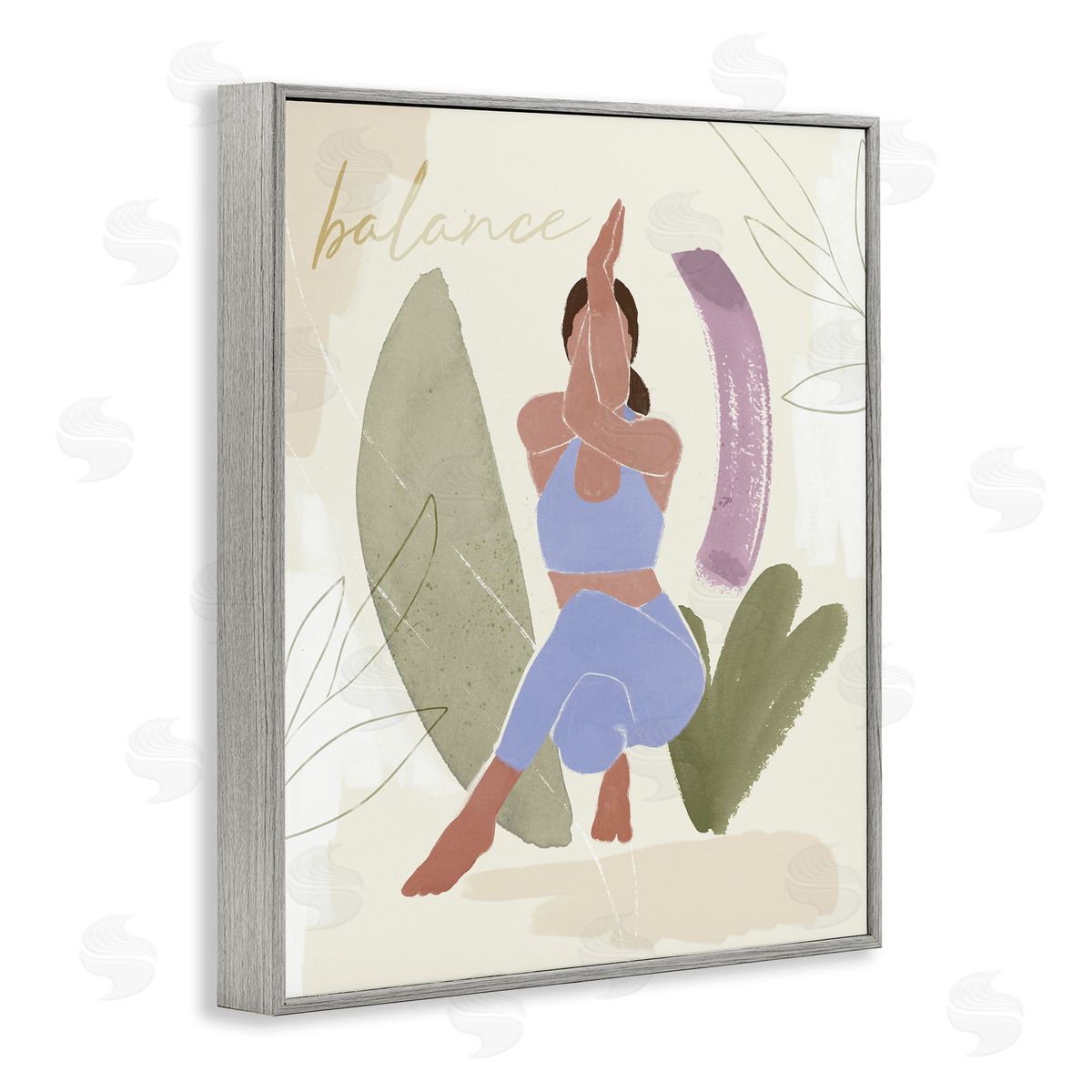 Victoria Barnes Balance Typography Fitness Yoga Pose Botanical  Gray Framed Giclee Wall Art Print