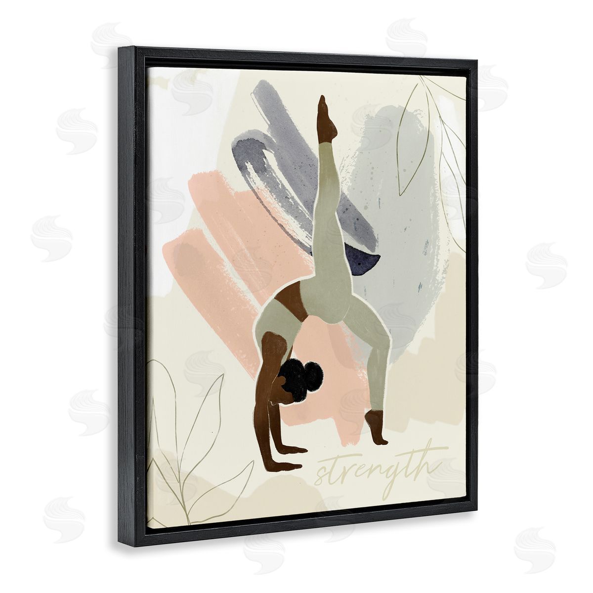 Victoria Barnes Stretching Yoga Pose Strength Text Floral   Black Floating Frame Canvas Wall Art Print