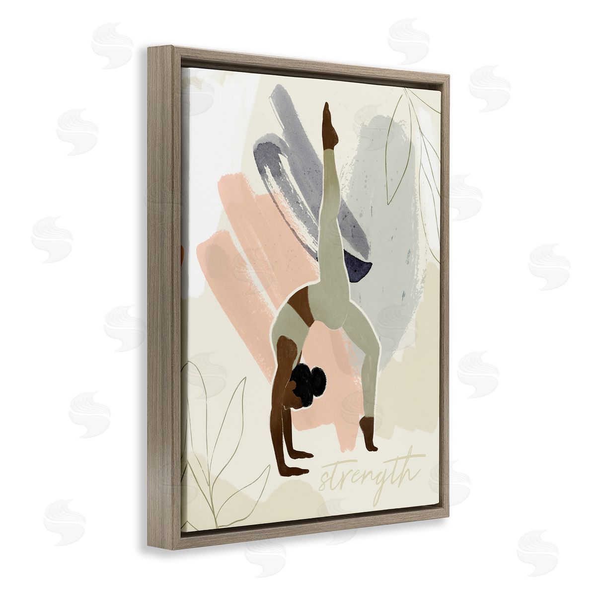 Victoria Barnes Stretching Yoga Pose Strength Text Floral   Brown Floating Frame Canvas Wall Art Print