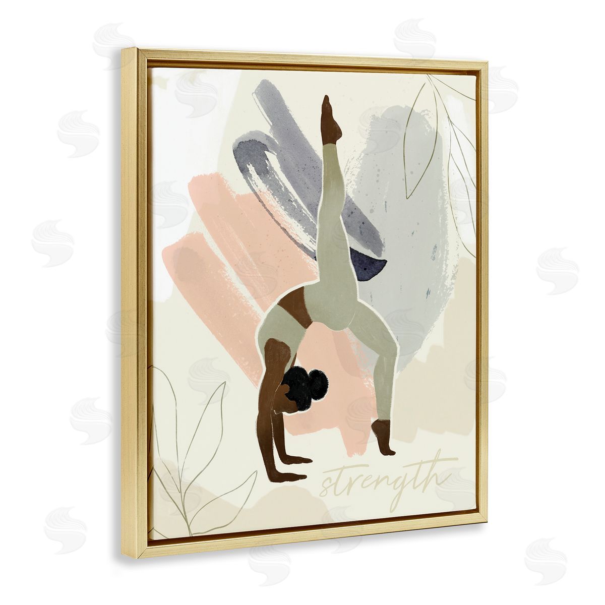 Victoria Barnes Stretching Yoga Pose Strength Text Floral   Gold Floating Frame Canvas Wall Art Print