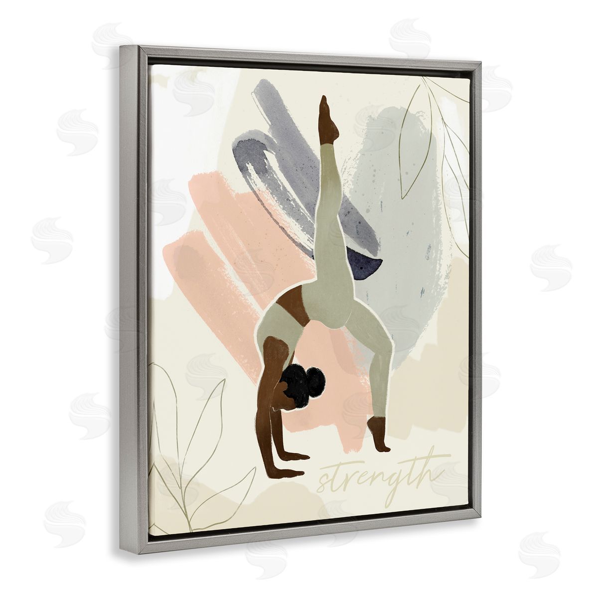 Victoria Barnes Stretching Yoga Pose Strength Text Floral   Gray Floating Frame Canvas Wall Art Print