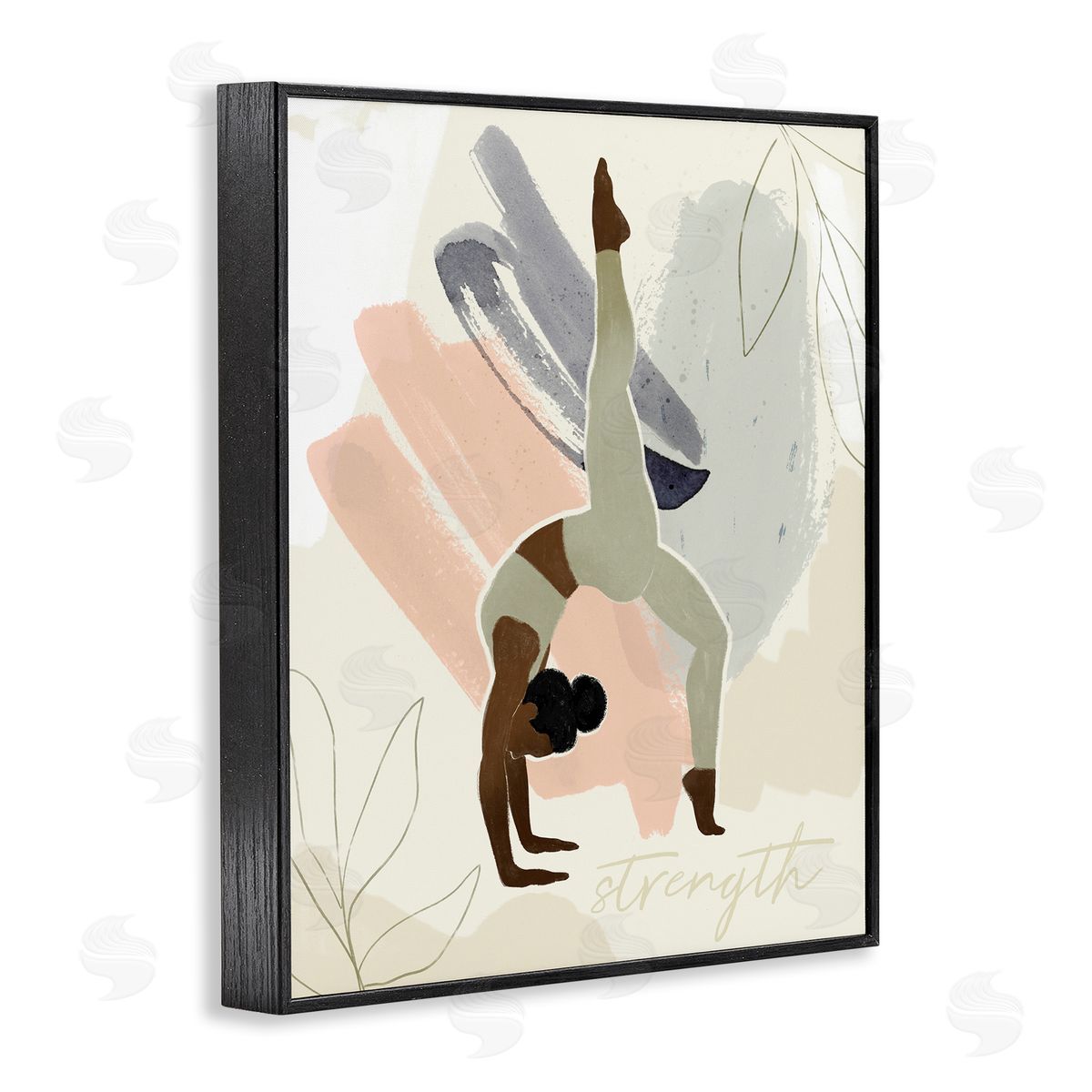 Victoria Barnes Stretching Yoga Pose Strength Text Floral   Black Framed Giclee Wall Art Print