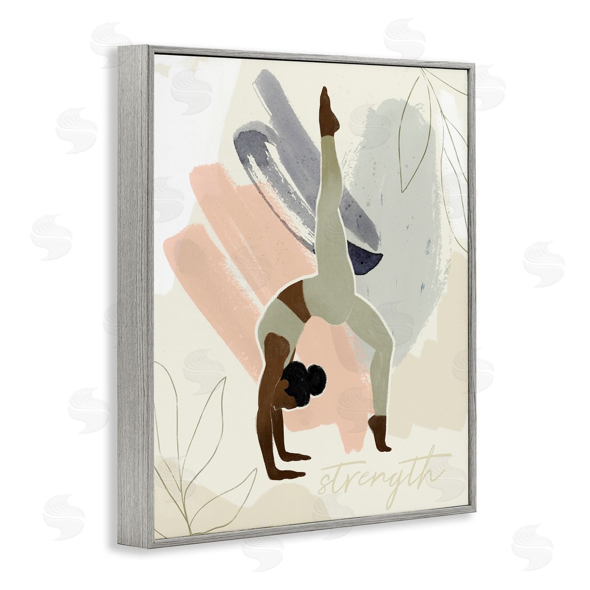 Victoria Barnes Stretching Yoga Pose Strength Text Floral   Gray Framed Giclee Wall Art Print