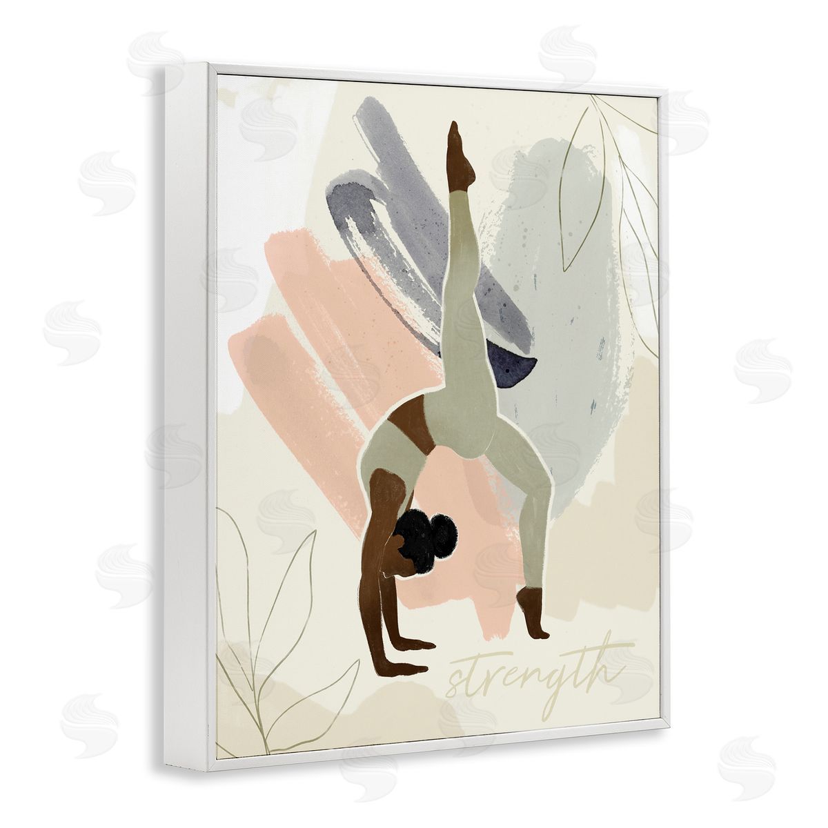 Victoria Barnes Stretching Yoga Pose Strength Text Floral   White Framed Giclee Wall Art Print