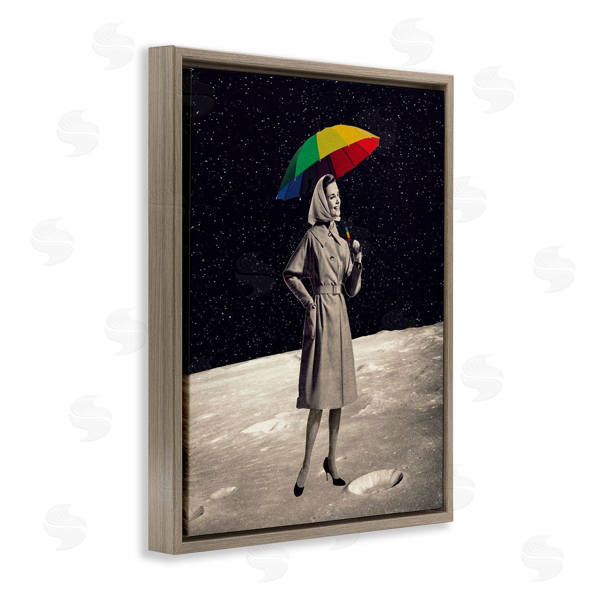Erika C. Brothers Vintage Woman Outer Space Moon Rainbow Umbrella  Brown Floating Frame Canvas Wall Art Print