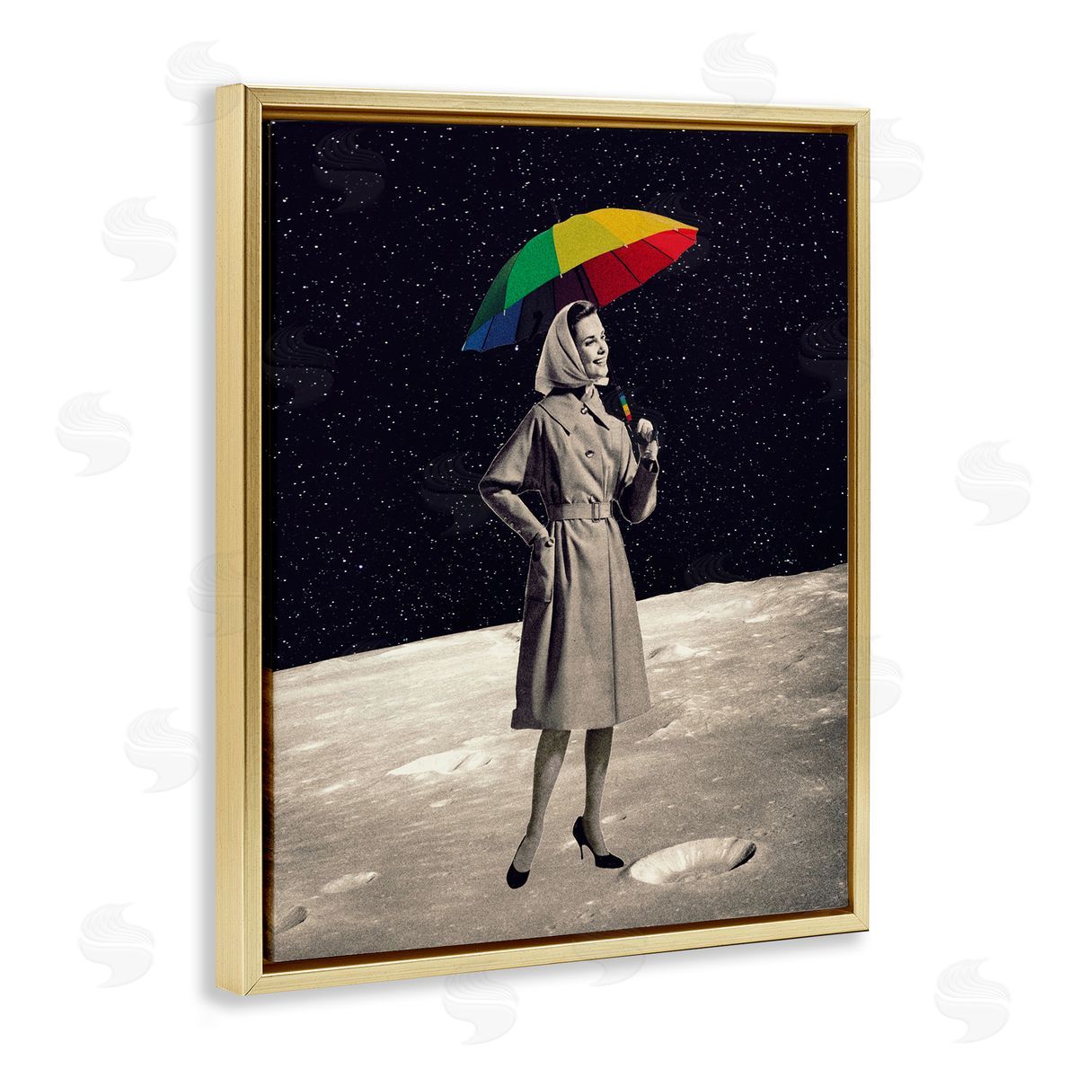 Erika C. Brothers Vintage Woman Outer Space Moon Rainbow Umbrella  Gold Floating Frame Canvas Wall Art Print