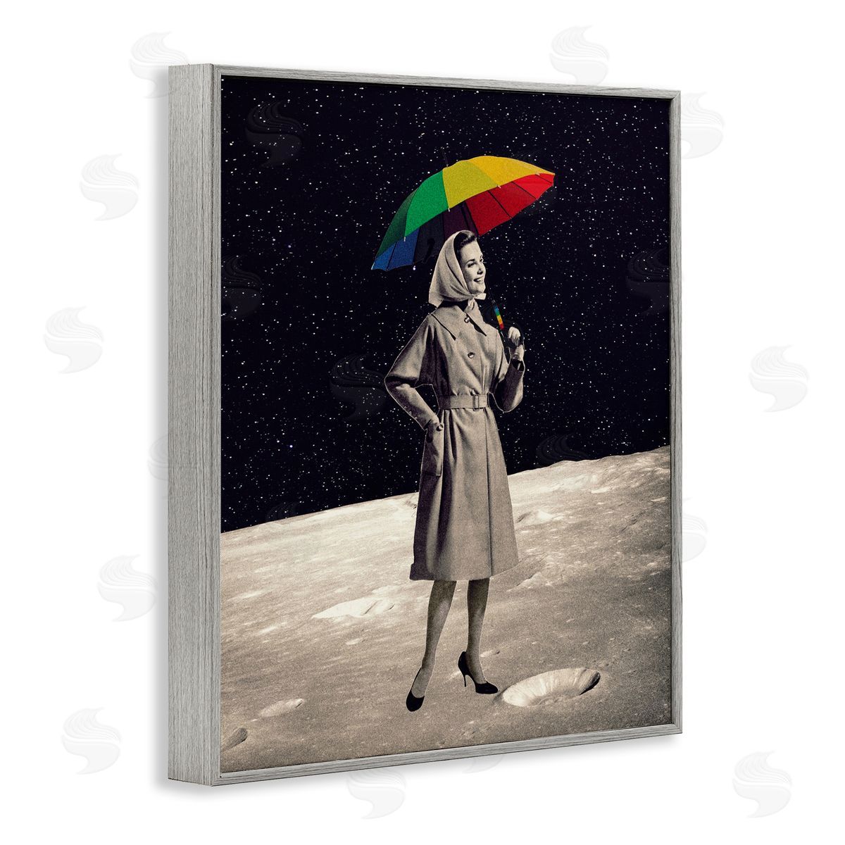 Erika C. Brothers Vintage Woman Outer Space Moon Rainbow Umbrella  Gray Framed Giclee Wall Art Print