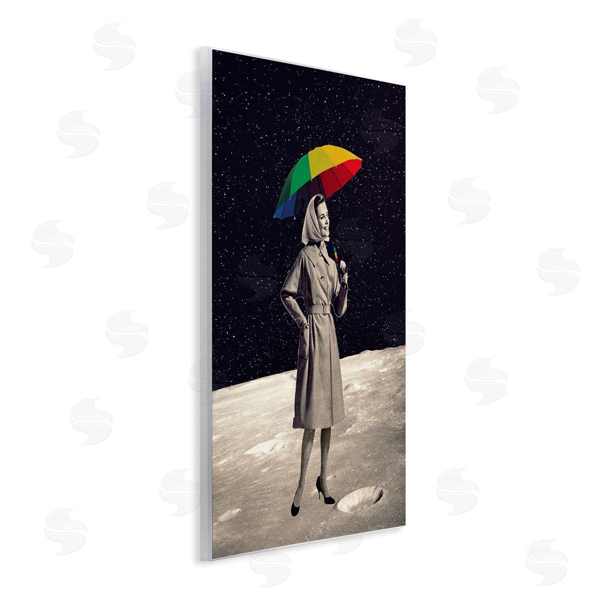 Erika C. Brothers Vintage Woman Outer Space Moon Rainbow Umbrella  Wall Plaque Art Print