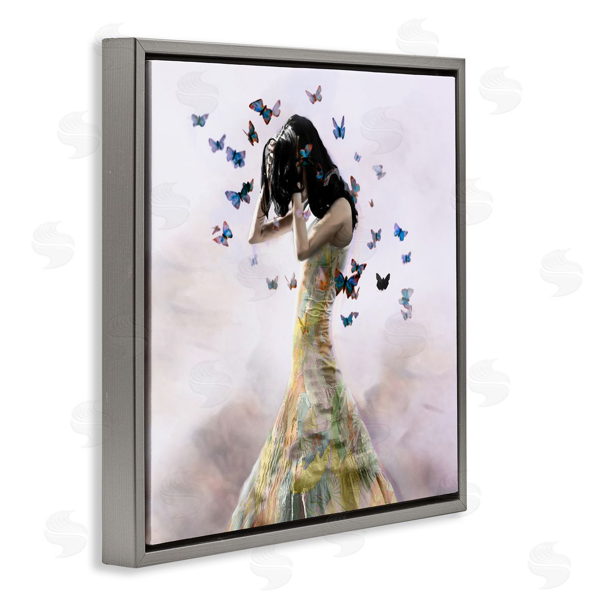 Christopher Cuseo Ethereal Woman Yellow Gown Flying Blue Butterflies  Gray Floating Frame Canvas Wall Art Print