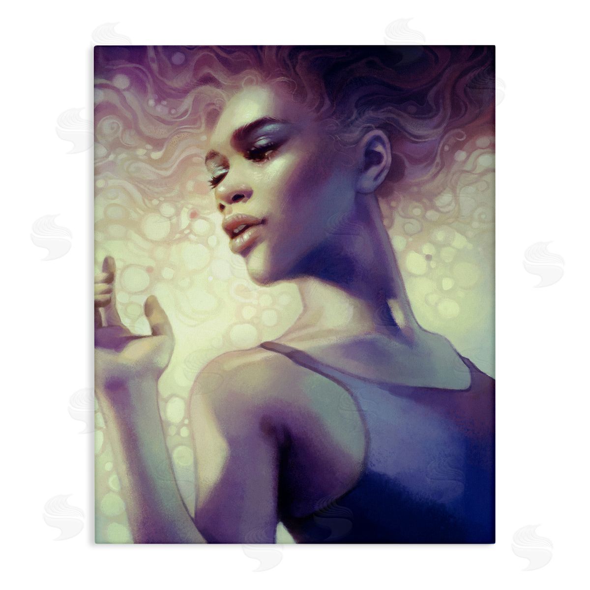 Anna Dittman Elegant Woman Curly Hair Flowing Purple Portrait Stretched Canvas Wall Art Print