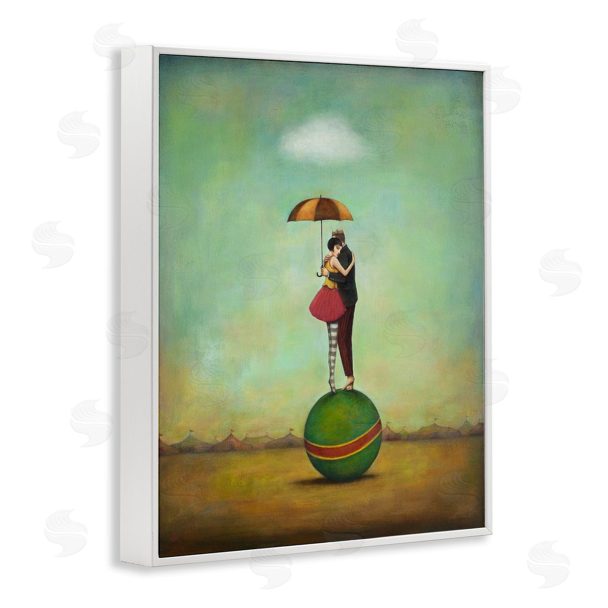Duy Huynh Surreal People & Umbrella Balancing Green Striped Ball  White Framed Giclee Wall Art Print