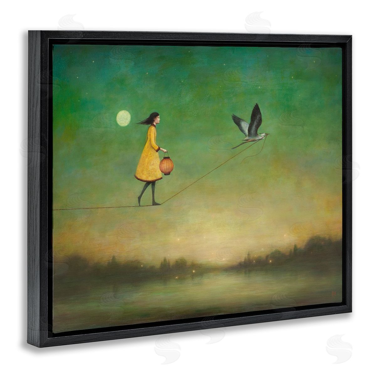 Duy Huynh Girl Following Bird Yellow Dress Vivid Green Landscape Black Floating Frame Canvas Wall Art Print