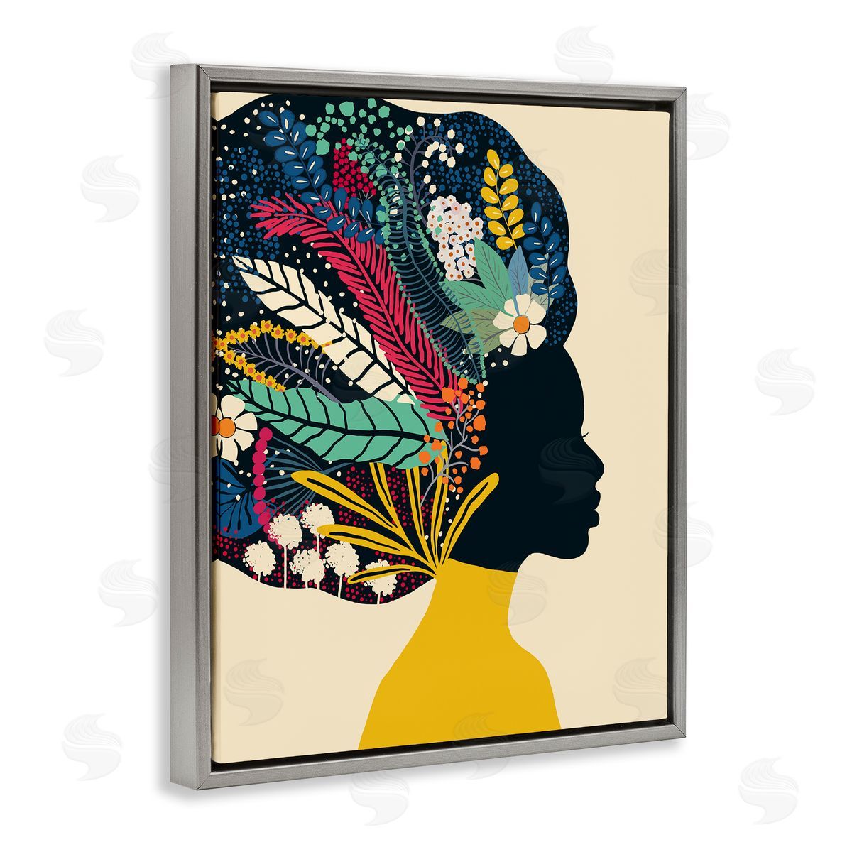 Ioana Horvat Bold Woman Botanical Blooms Yellow  Gray Floating Frame Canvas Wall Art Print