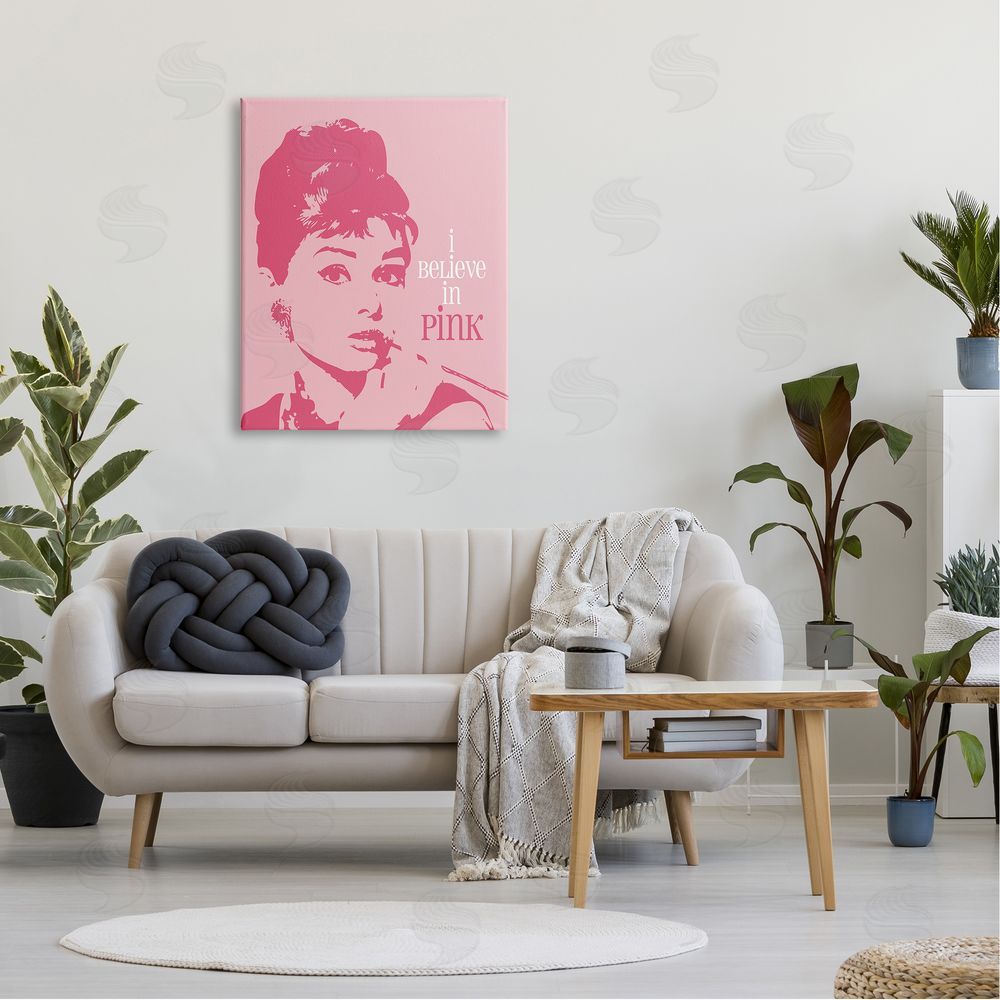 Amy Brinkman Believe In Pink Audrey Hepburn Actress Text Canvas Wall Art Print in Room