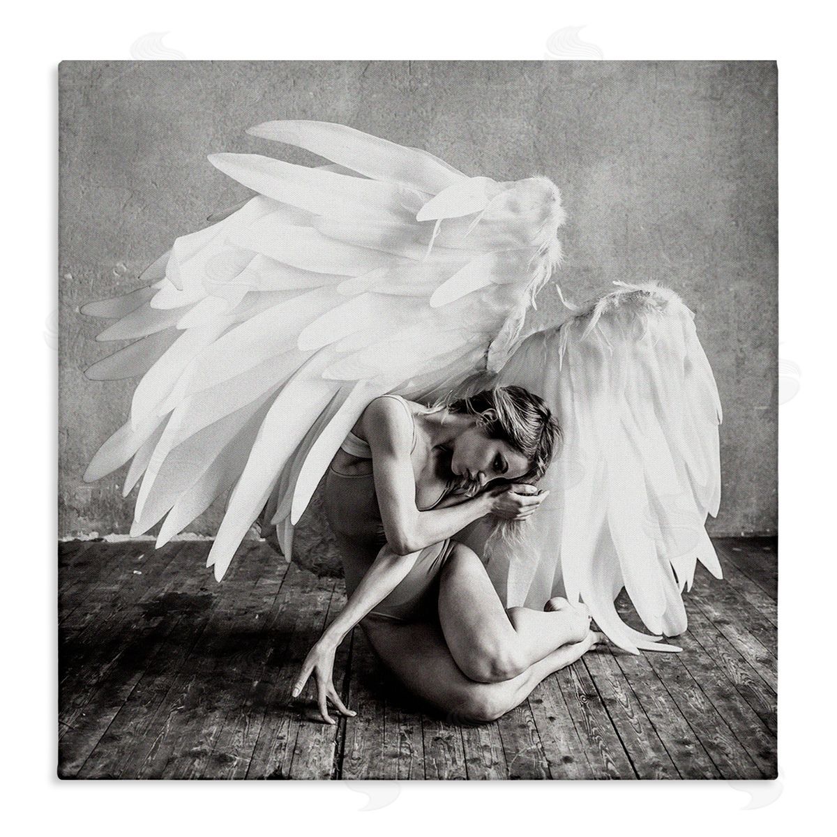 Incado Magical White Angel Wings Woman Monochrome Photography  Stretched Canvas Wall Art Print