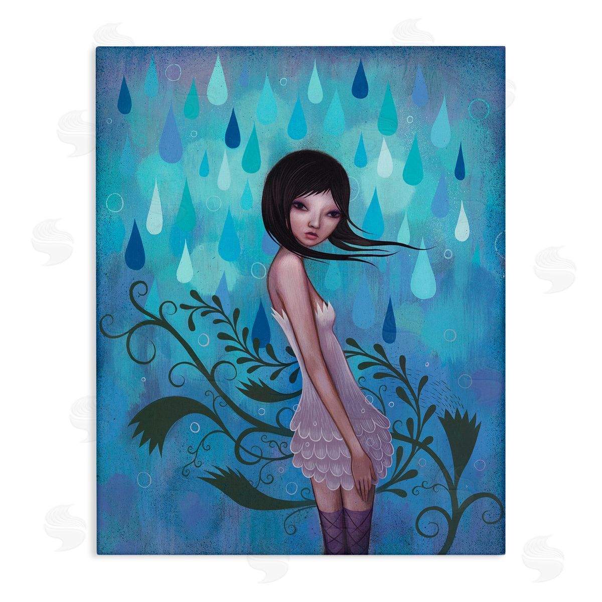 Jeremiah Ketner Woman White Dress Falling Blue Raindrops Botanical Stretched Canvas Wall Art Print