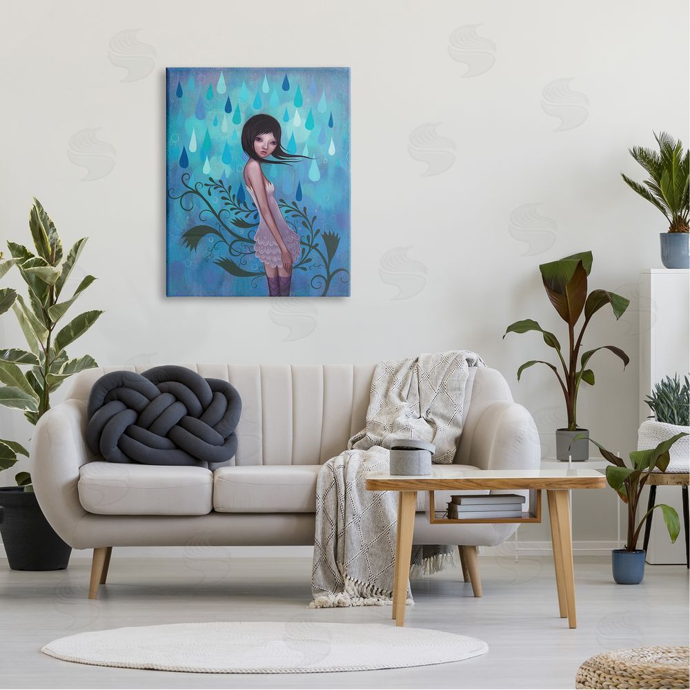 Jeremiah Ketner Woman White Dress Falling Blue Raindrops Botanical Canvas Wall Art Print in Room