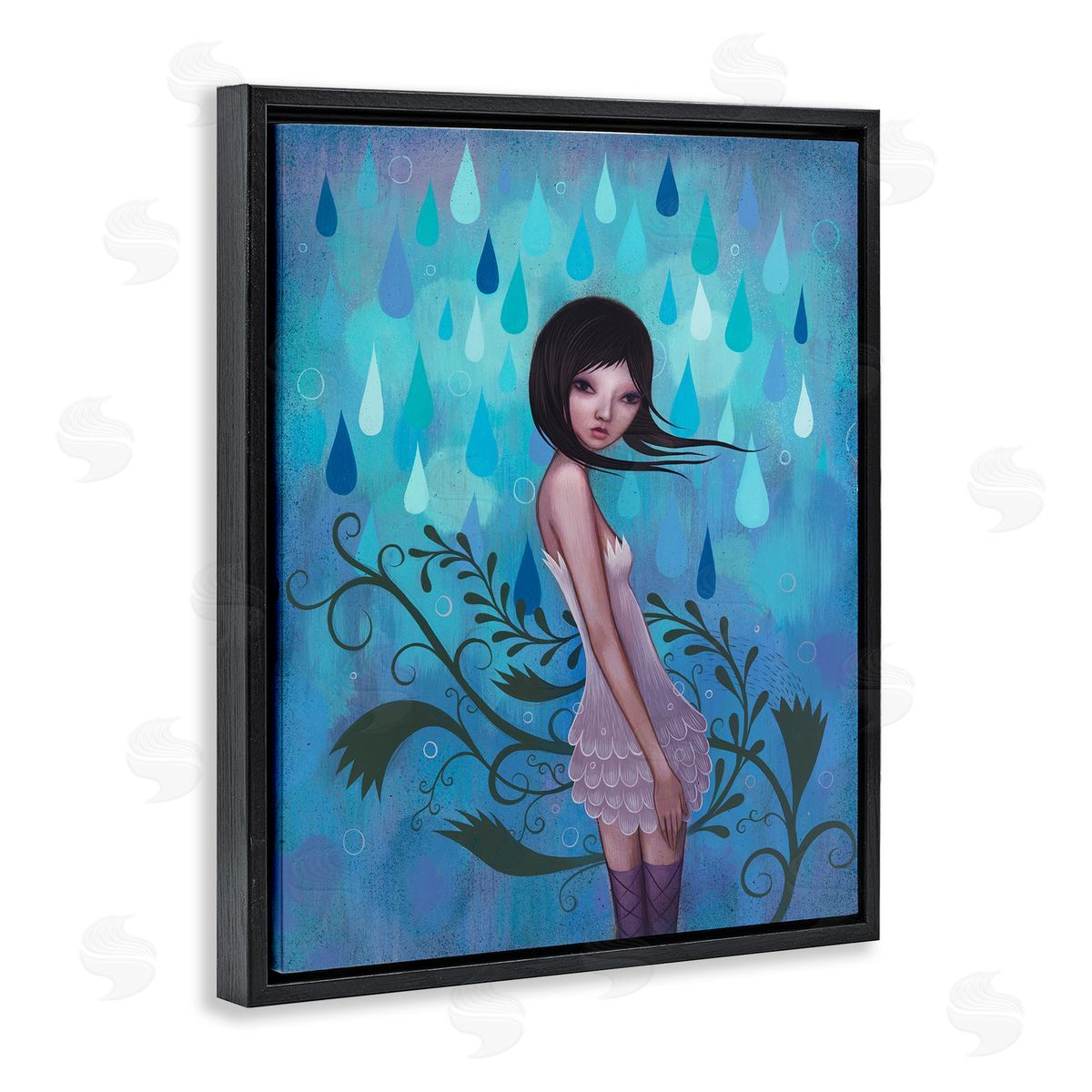Jeremiah Ketner Woman White Dress Falling Blue Raindrops Botanical Black Floating Frame Canvas Wall Art Print