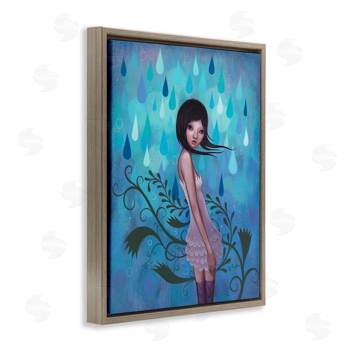 Jeremiah Ketner Woman White Dress Falling Blue Raindrops Botanical Brown Floating Frame Canvas Wall Art Print