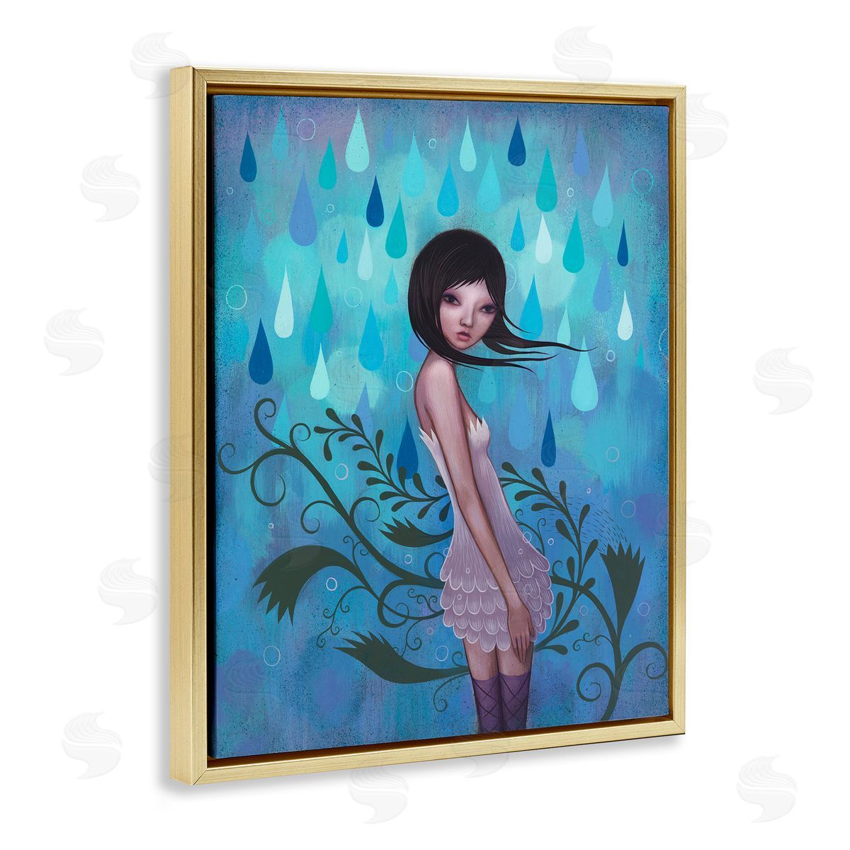 Jeremiah Ketner Woman White Dress Falling Blue Raindrops Botanical Gold Floating Frame Canvas Wall Art Print