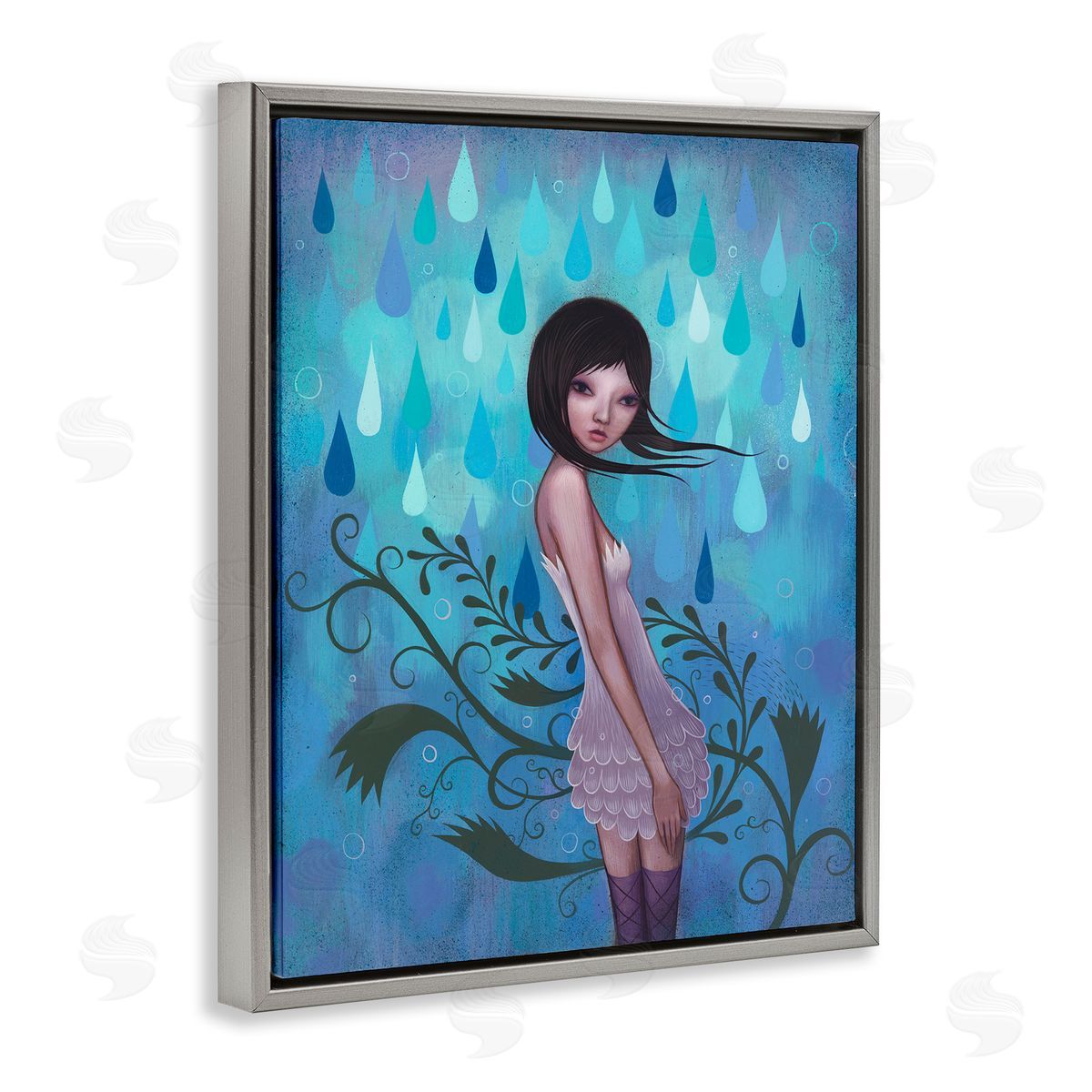 Jeremiah Ketner Woman White Dress Falling Blue Raindrops Botanical Gray Floating Frame Canvas Wall Art Print
