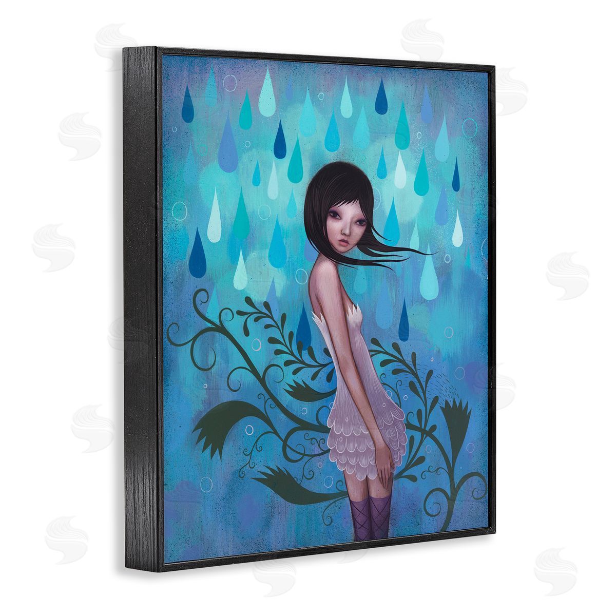 Jeremiah Ketner Woman White Dress Falling Blue Raindrops Botanical Black Framed Giclee Wall Art Print