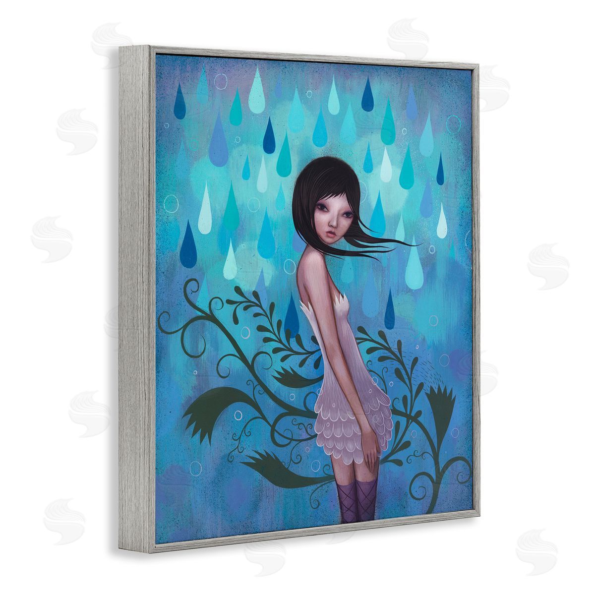 Jeremiah Ketner Woman White Dress Falling Blue Raindrops Botanical Gray Framed Giclee Wall Art Print