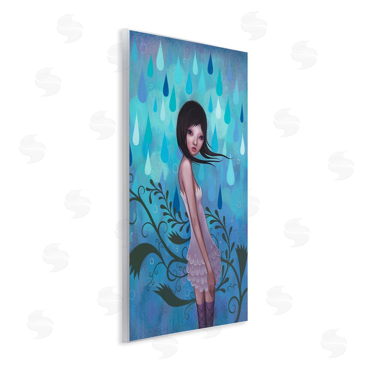 Jeremiah Ketner Woman White Dress Falling Blue Raindrops Botanical Wall Plaque Art Print