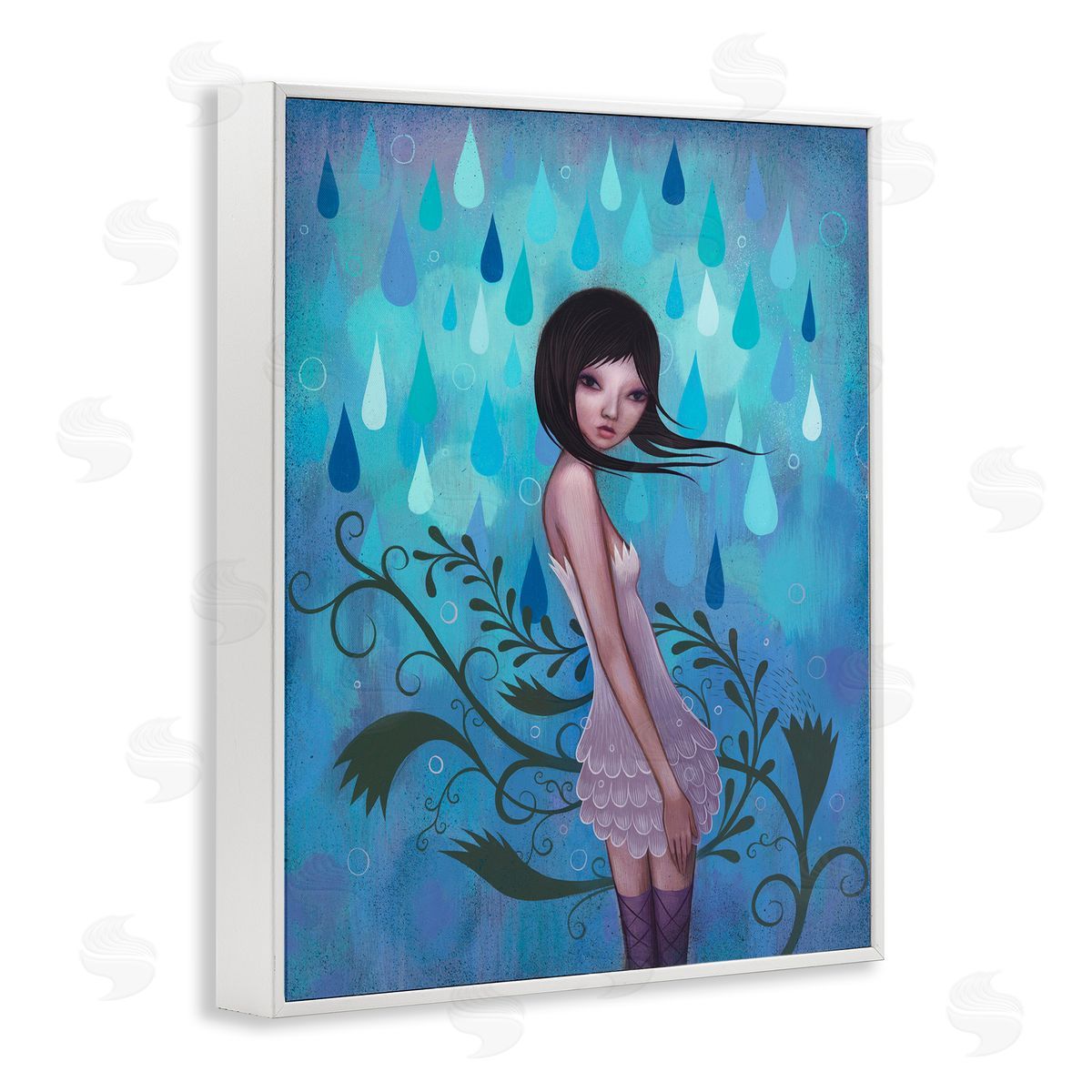 Jeremiah Ketner Woman White Dress Falling Blue Raindrops Botanical White Framed Giclee Wall Art Print