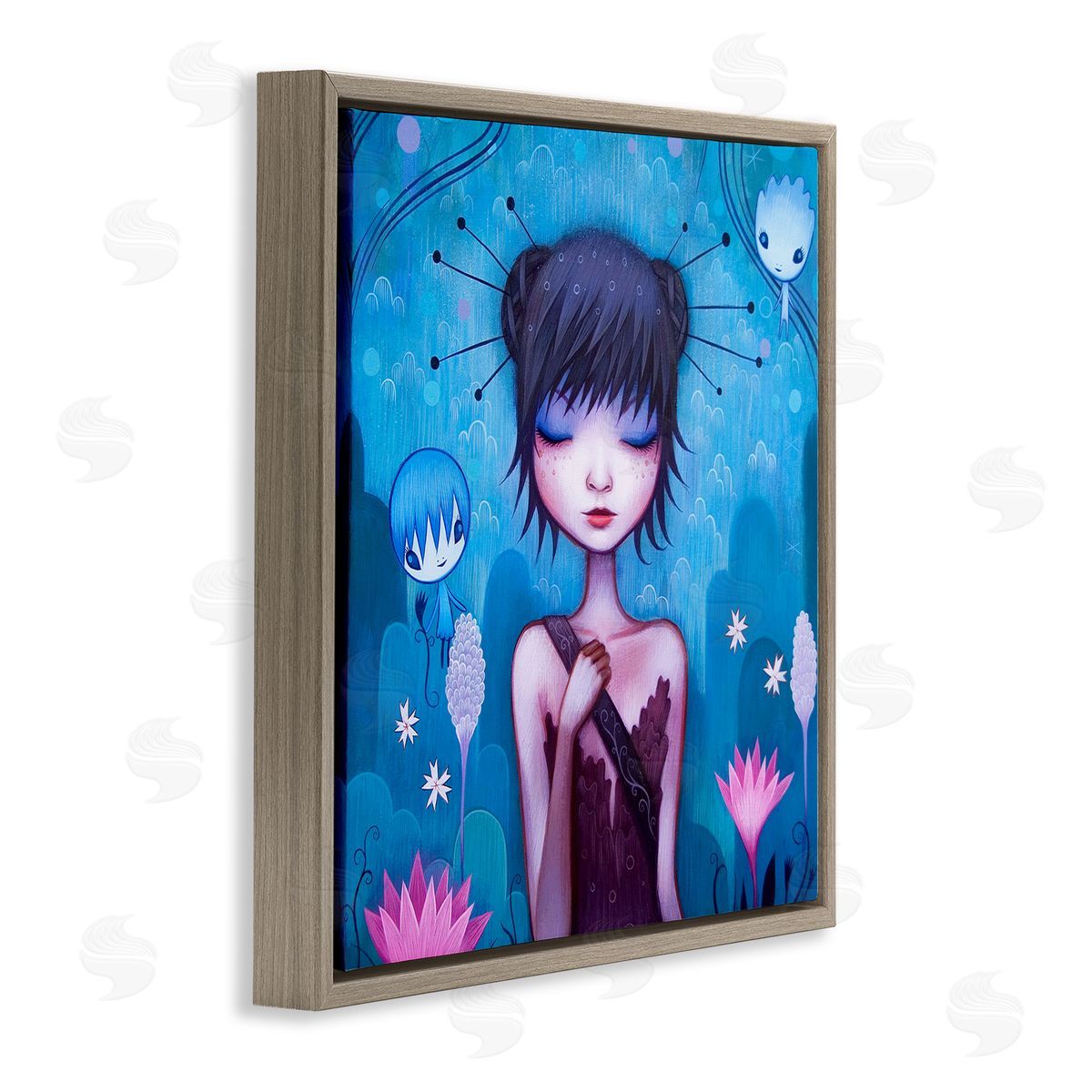 Jeremiah Ketner Girl Pink Flower Blossoms Garden Fairies Blue Scenery Brown Floating Frame Canvas Wall Art Print