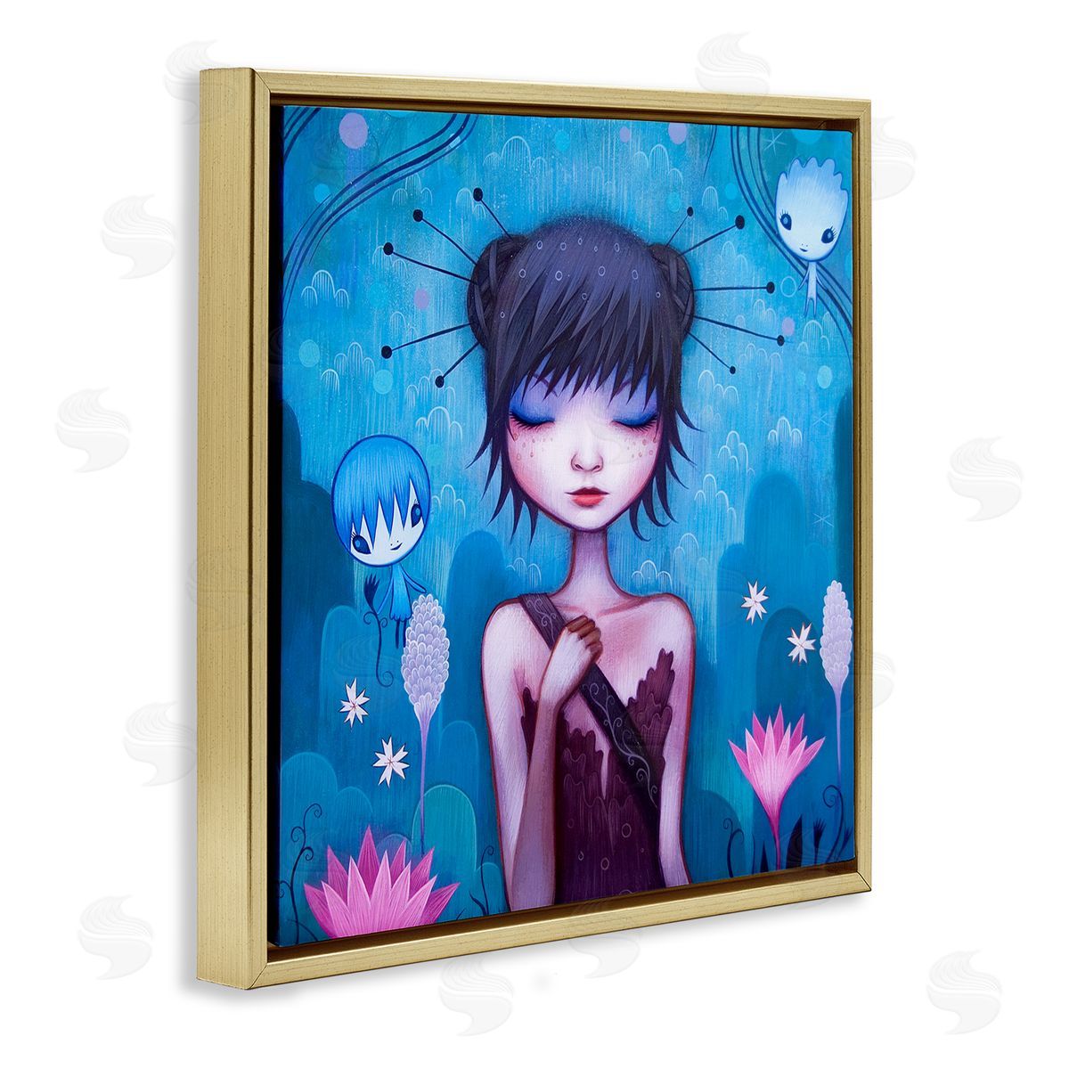 Jeremiah Ketner Girl Pink Flower Blossoms Garden Fairies Blue Scenery Gold Floating Frame Canvas Wall Art Print