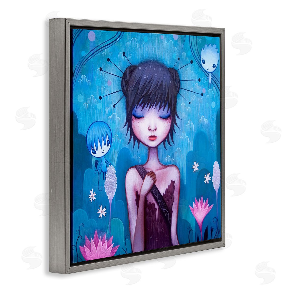 Jeremiah Ketner Girl Pink Flower Blossoms Garden Fairies Blue Scenery Gray Floating Frame Canvas Wall Art Print