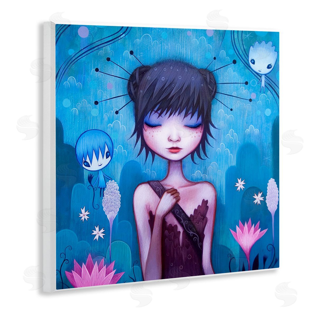 Jeremiah Ketner Girl Pink Flower Blossoms Garden Fairies Blue Scenery Wooden Wall Plaque Art Print