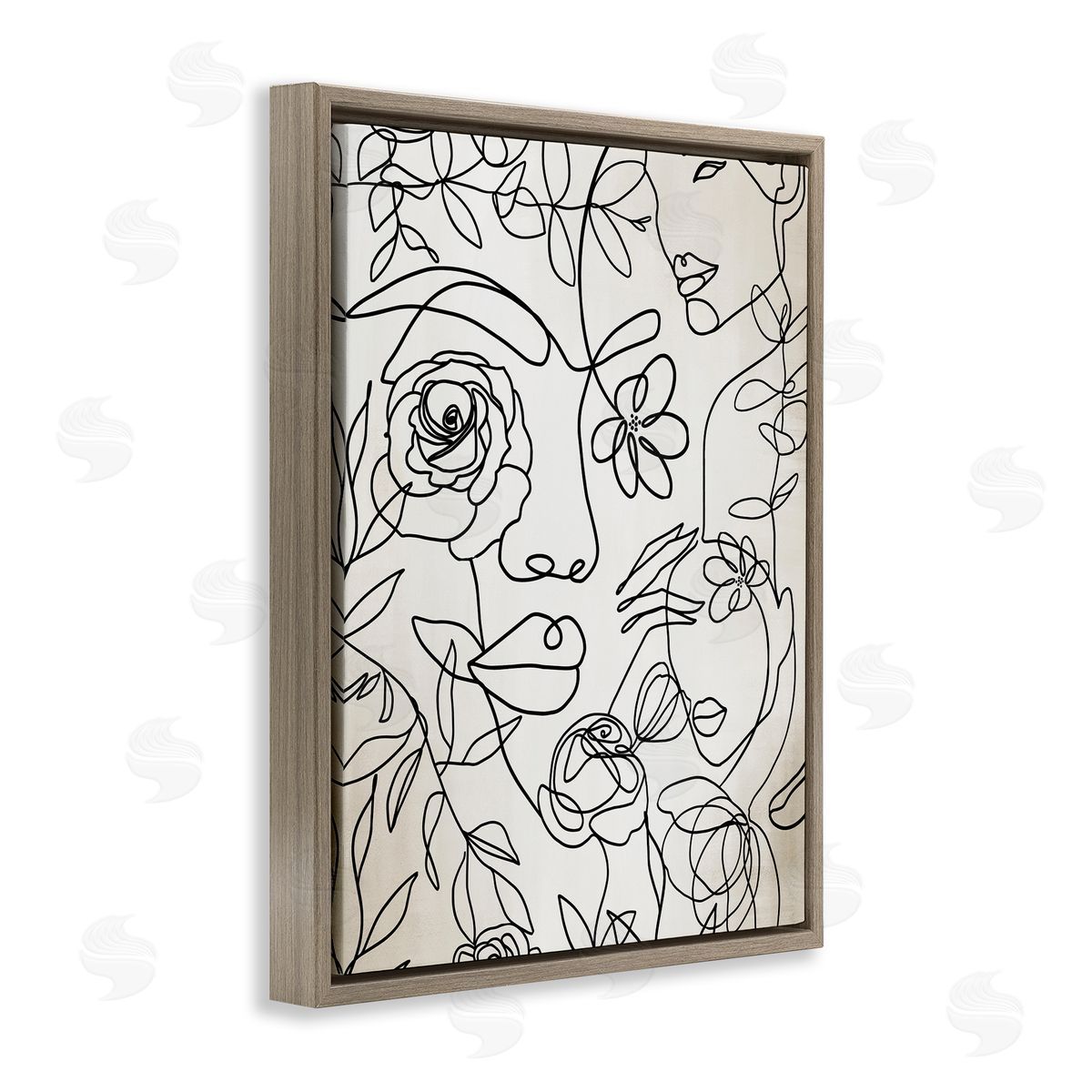 Ros Ruseva Minimal Line Drawing Floral Blossoms Botanical People Faces  Brown Floating Frame Canvas Wall Art Print