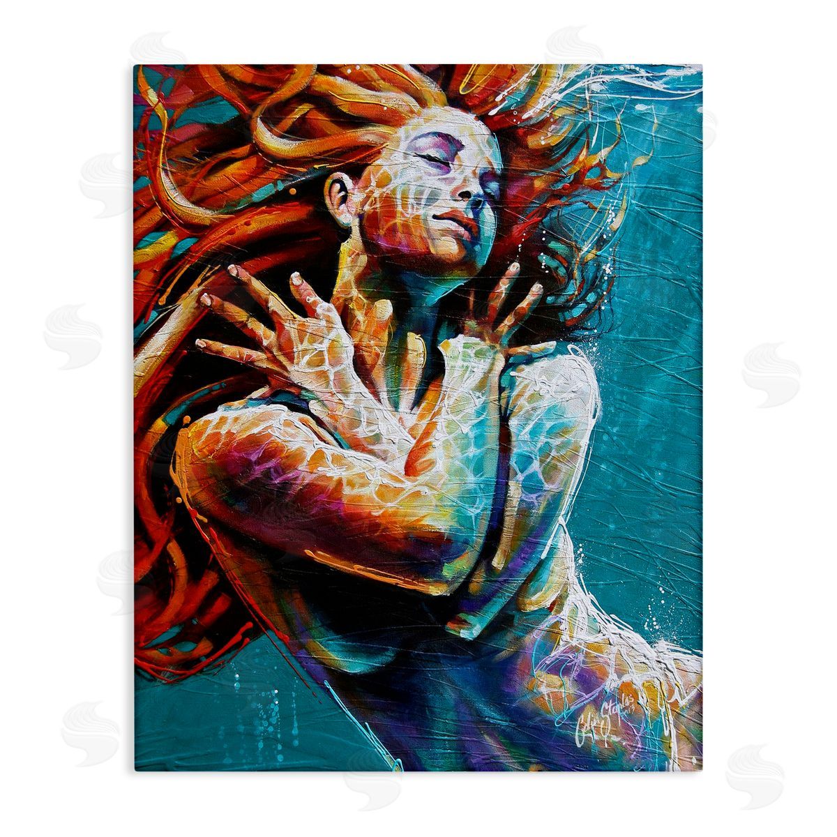 Colin John Staples Beautiful Vivid Woman Underwater Swimming Flowing Hair Stretched Canvas Wall Art Print