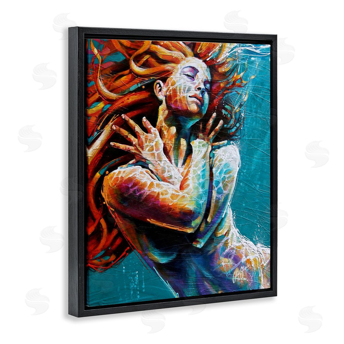 Colin John Staples Beautiful Vivid Woman Underwater Swimming Flowing Hair Black Floating Frame Canvas Wall Art Print