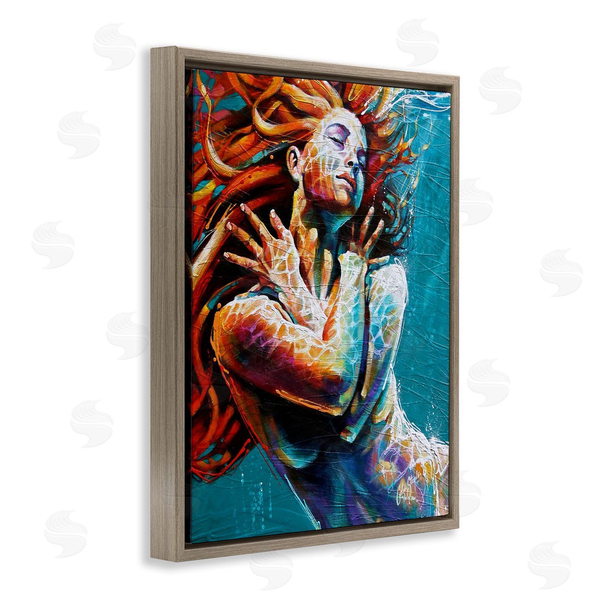 Colin John Staples Beautiful Vivid Woman Underwater Swimming Flowing Hair Brown Floating Frame Canvas Wall Art Print